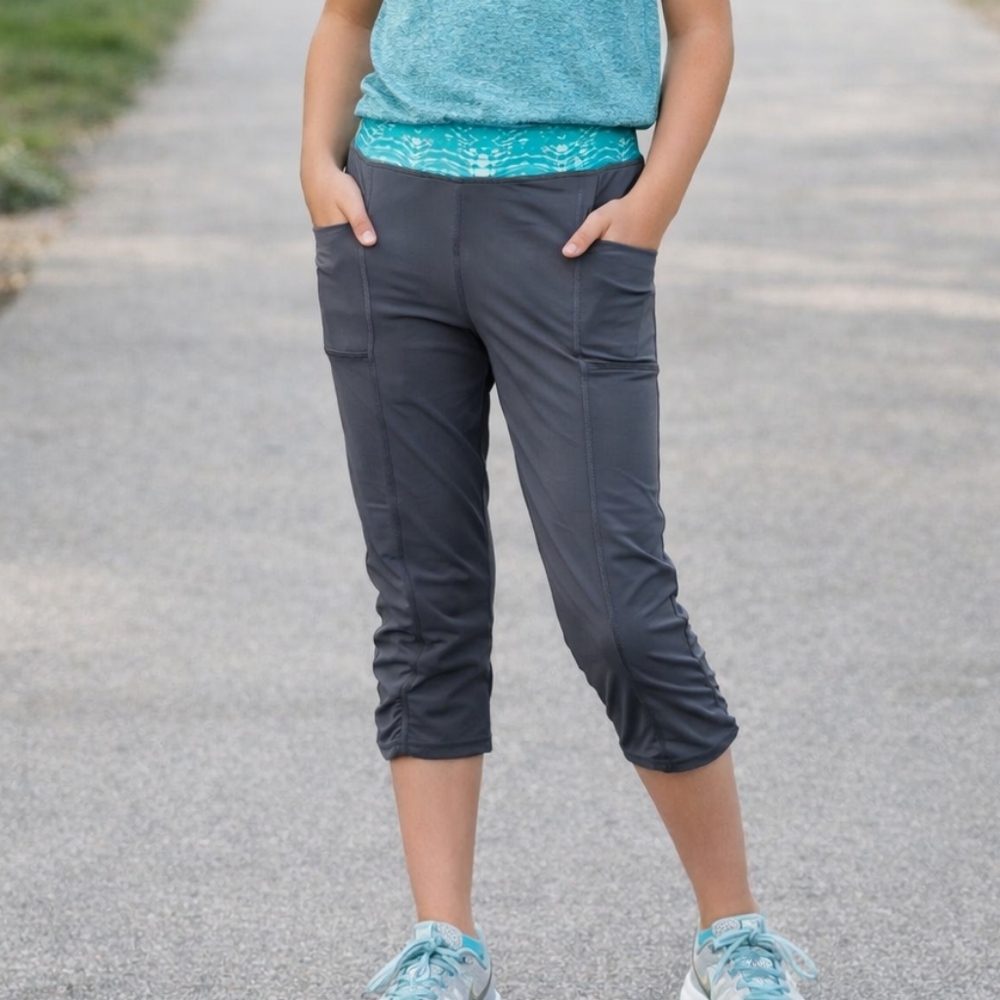 Ivivva Size 10 Kids Leggings Charcoal & Aqua Waistband Activewear